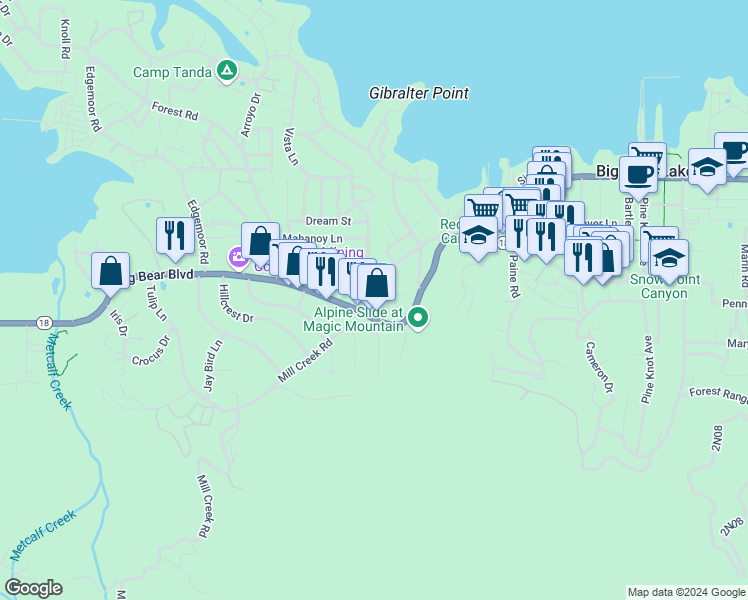map of restaurants, bars, coffee shops, grocery stores, and more near 725 Temple Lane in Big Bear Lake