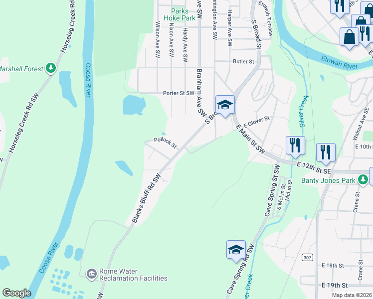 map of restaurants, bars, coffee shops, grocery stores, and more near 51 East Glover Street in Rome