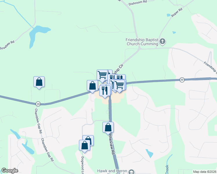 map of restaurants, bars, coffee shops, grocery stores, and more near 2323 Canton Highway in Cumming