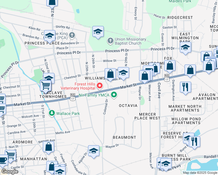 map of restaurants, bars, coffee shops, grocery stores, and more near 2701 Market Street in Wilmington