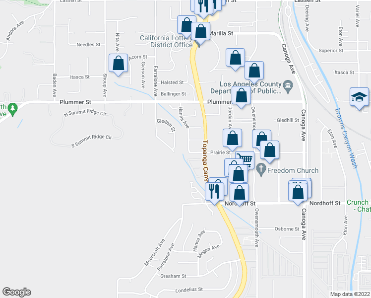 map of restaurants, bars, coffee shops, grocery stores, and more near 9309 Hanna Avenue in Los Angeles