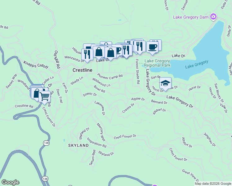 map of restaurants, bars, coffee shops, grocery stores, and more near 23953 Bowl Road in Crestline