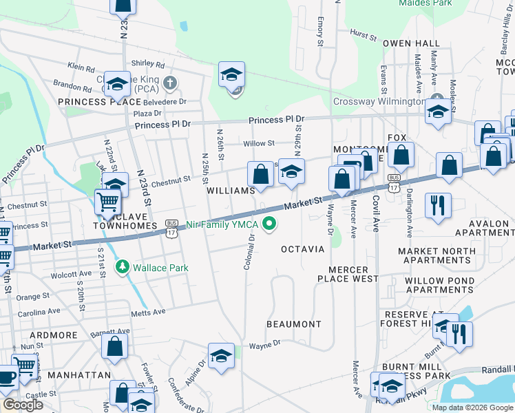 map of restaurants, bars, coffee shops, grocery stores, and more near 2701 Market Street in Wilmington
