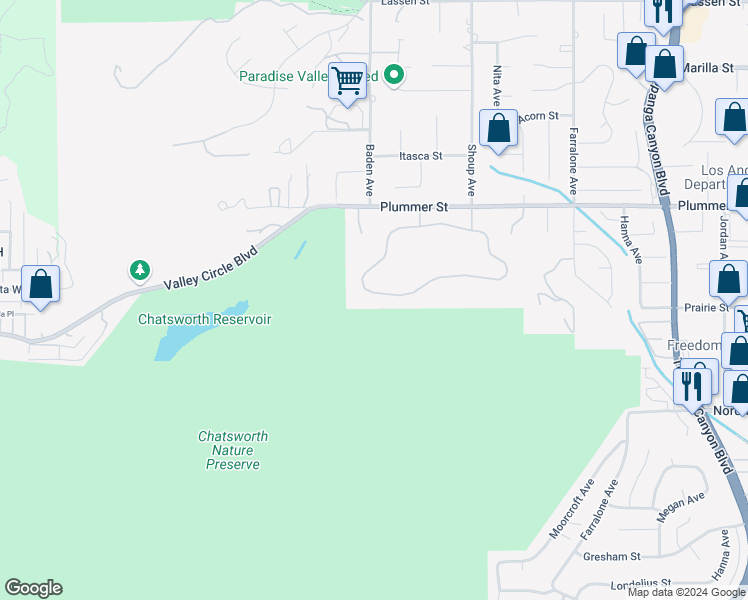map of restaurants, bars, coffee shops, grocery stores, and more near 22552 South Summit Ridge Circle in Los Angeles