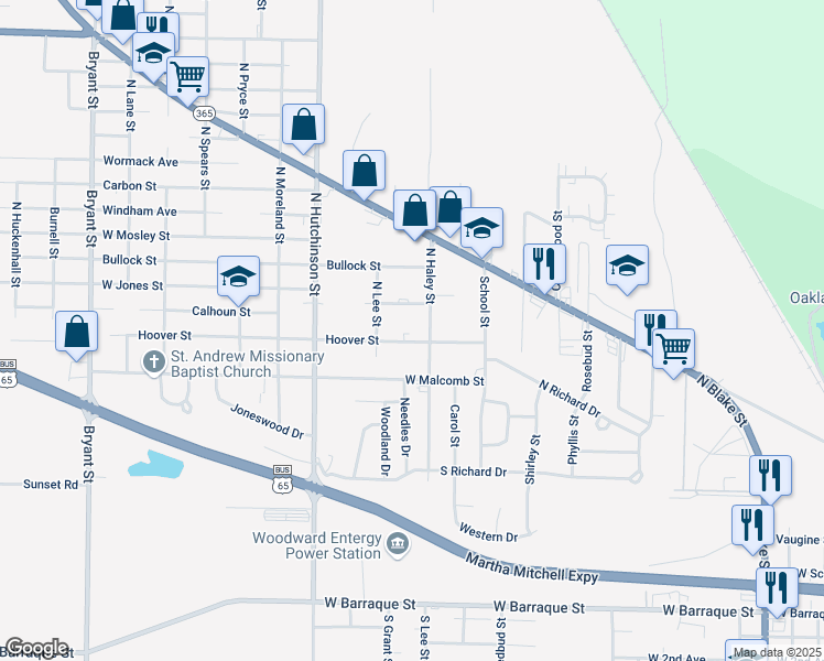 map of restaurants, bars, coffee shops, grocery stores, and more near 5116 Hoover Street in Pine Bluff