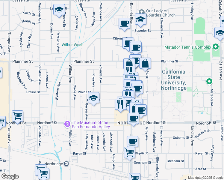 map of restaurants, bars, coffee shops, grocery stores, and more near 18615 Prairie Street in Los Angeles