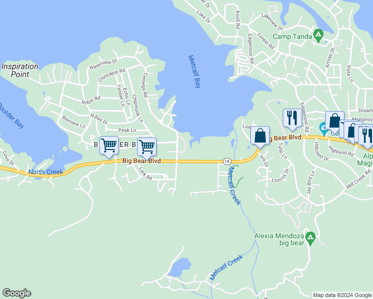 map of restaurants, bars, coffee shops, grocery stores, and more near 767 Cienega Road in Big Bear Lake