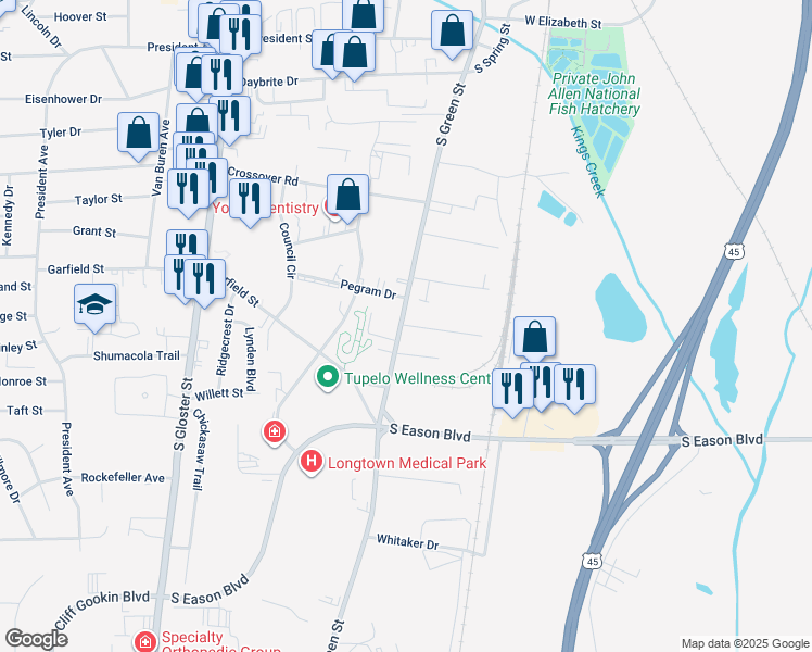 map of restaurants, bars, coffee shops, grocery stores, and more near 11 Enterprise Drive in Tupelo