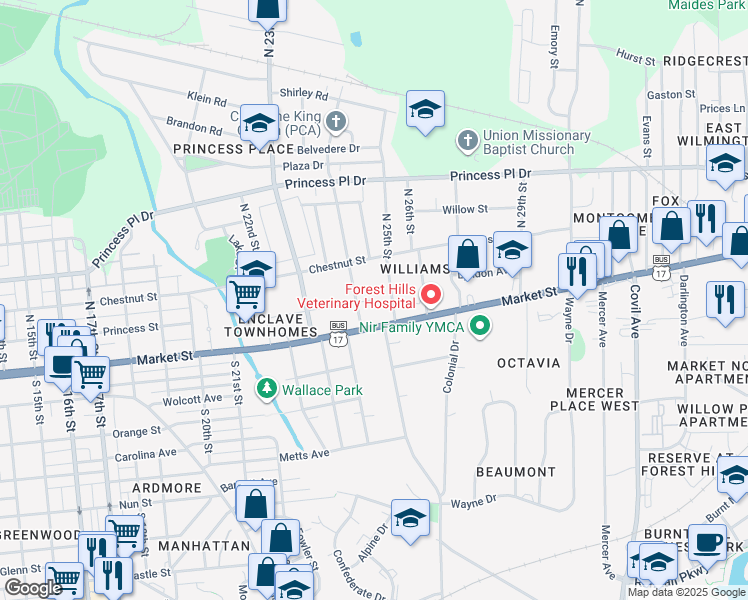 map of restaurants, bars, coffee shops, grocery stores, and more near Lyndon Avenue in Wilmington