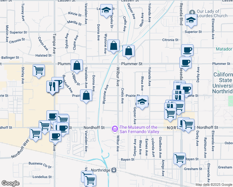 map of restaurants, bars, coffee shops, grocery stores, and more near 18901 Prairie Street in Los Angeles