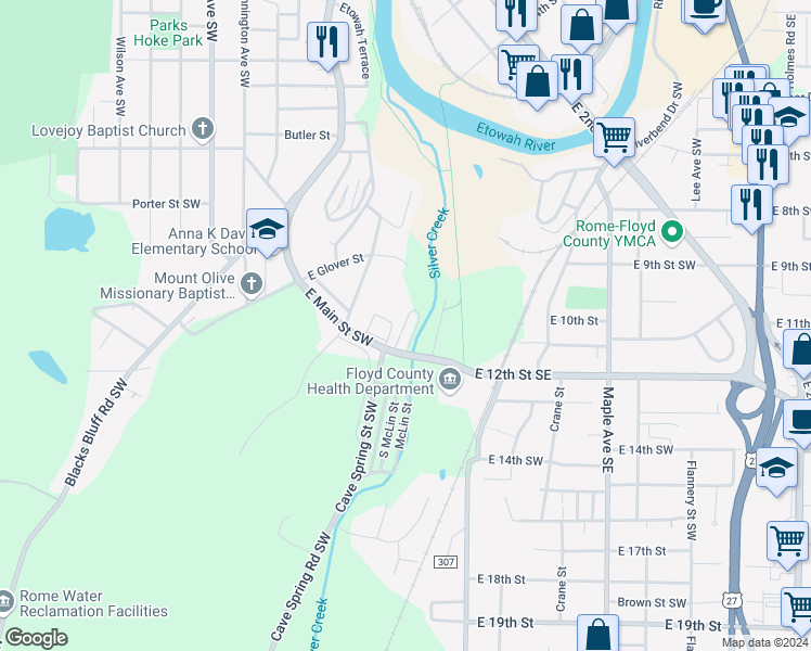 map of restaurants, bars, coffee shops, grocery stores, and more near 14 North McLin Street Southwest in Rome