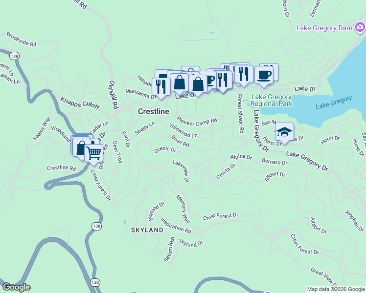 map of restaurants, bars, coffee shops, grocery stores, and more near 23833 Scenic Drive in Crestline