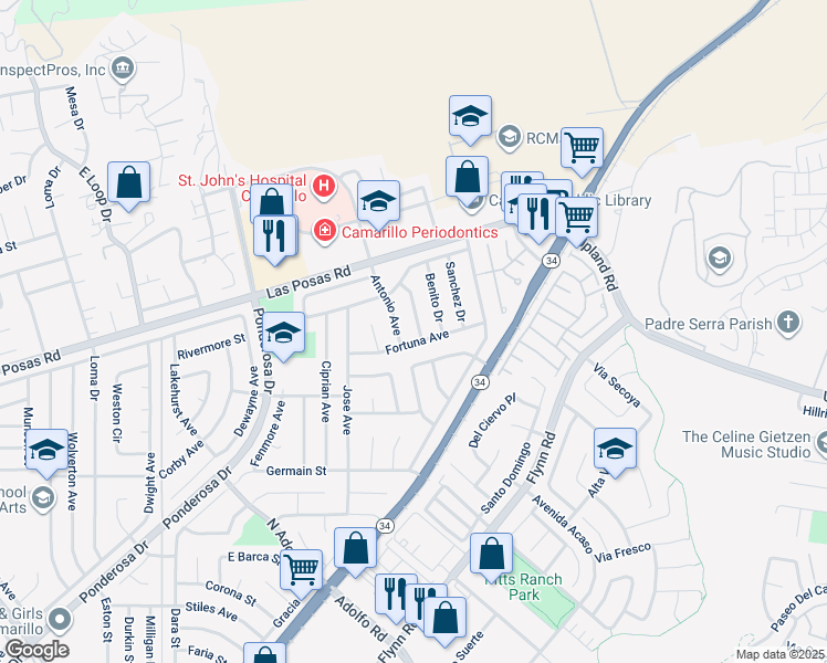 map of restaurants, bars, coffee shops, grocery stores, and more near 4106 Fortuna Avenue in Camarillo