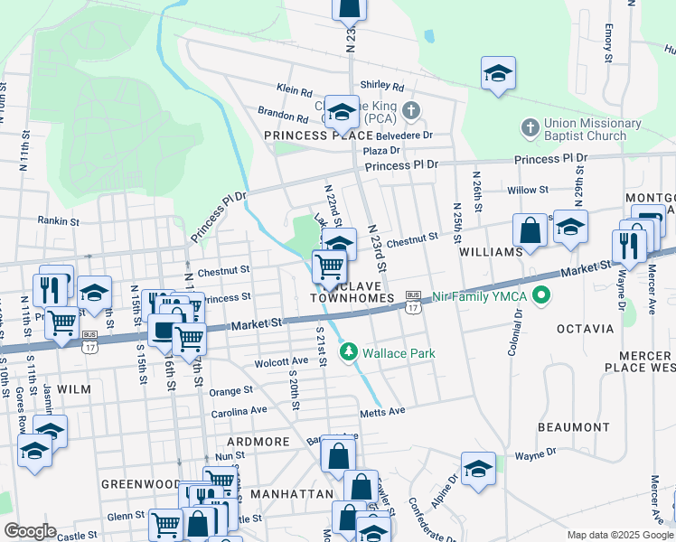 map of restaurants, bars, coffee shops, grocery stores, and more near 2119 Market Street in Wilmington