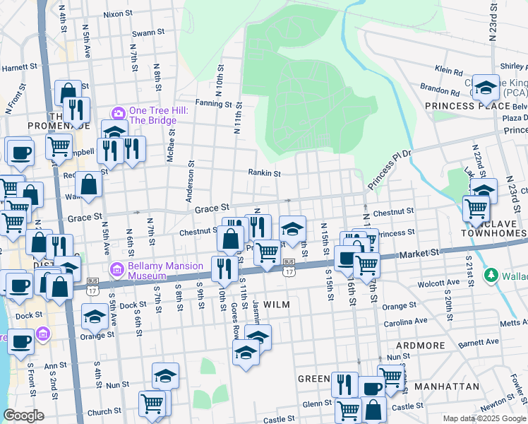 map of restaurants, bars, coffee shops, grocery stores, and more near 1205 Chestnut Street in Wilmington