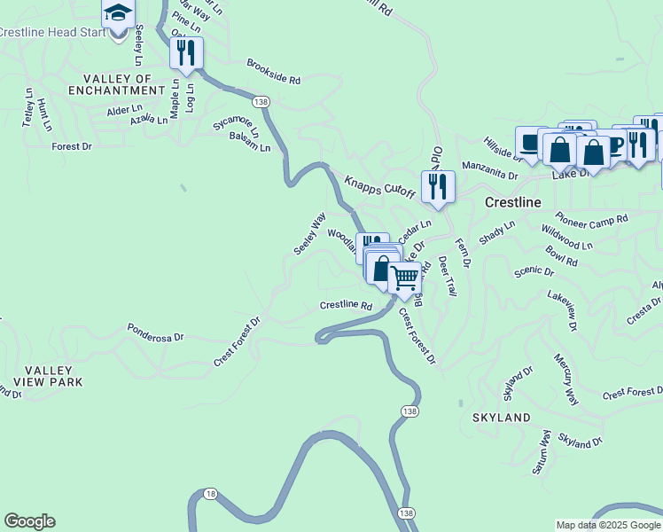 map of restaurants, bars, coffee shops, grocery stores, and more near 792 North Village Lane in Crestline