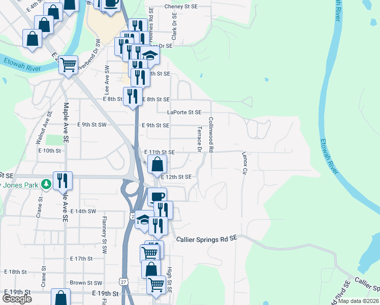 map of restaurants, bars, coffee shops, grocery stores, and more near 316 East 11th Street Southeast in Rome