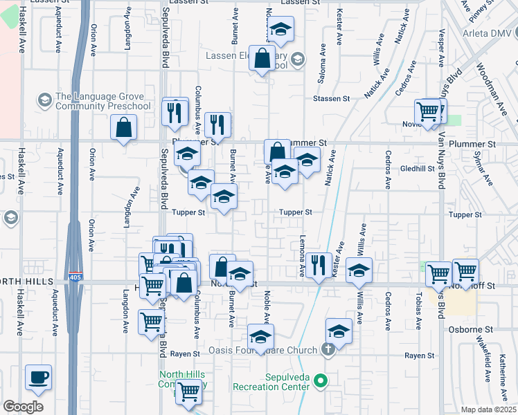 map of restaurants, bars, coffee shops, grocery stores, and more near 9300 Noble Avenue in Los Angeles