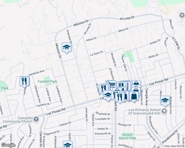 map of restaurants, bars, coffee shops, grocery stores, and more near 18 Maxine Drive in Camarillo