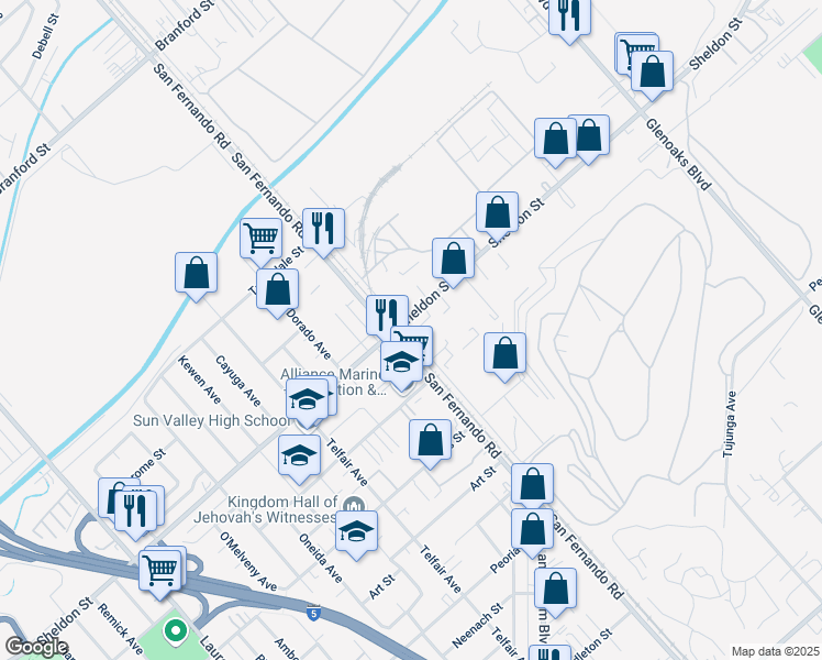 map of restaurants, bars, coffee shops, grocery stores, and more near 9358 San Fernando Road in Los Angeles