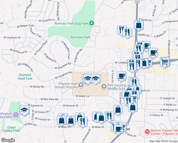 map of restaurants, bars, coffee shops, grocery stores, and more near 516 West Longhorn Road in Payson