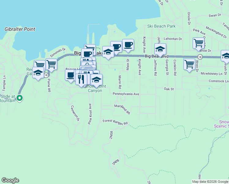 map of restaurants, bars, coffee shops, grocery stores, and more near 40994 Pennsylvania Avenue in Big Bear Lake