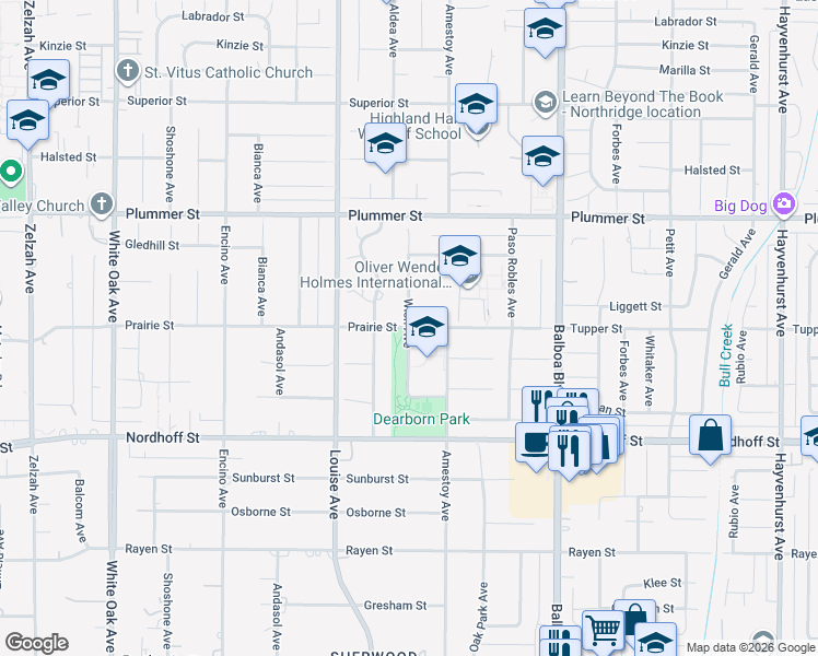 map of restaurants, bars, coffee shops, grocery stores, and more near 17198 Prairie Street in Los Angeles