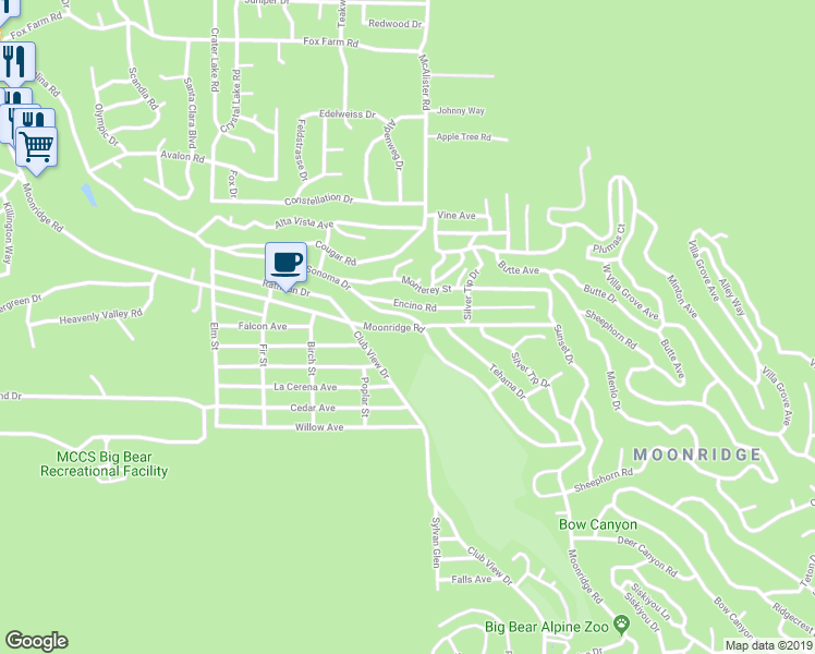 map of restaurants, bars, coffee shops, grocery stores, and more near 42898 Moonridge Road in Big Bear