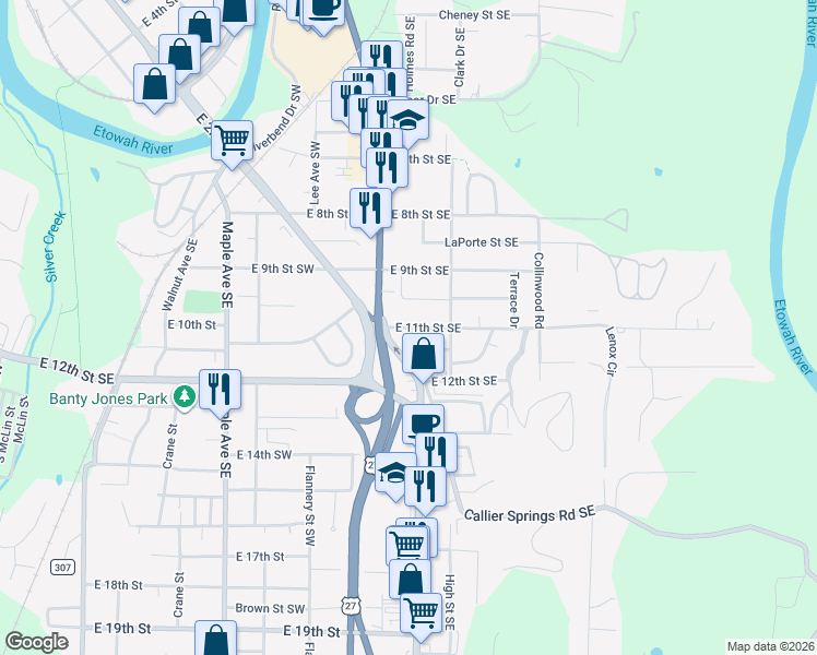map of restaurants, bars, coffee shops, grocery stores, and more near East 11th Street Southeast in Rome