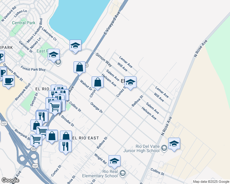 map of restaurants, bars, coffee shops, grocery stores, and more near 454 Corsicana Drive in Oxnard