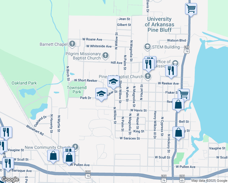 map of restaurants, bars, coffee shops, grocery stores, and more near 2601 Fluker Street in Pine Bluff