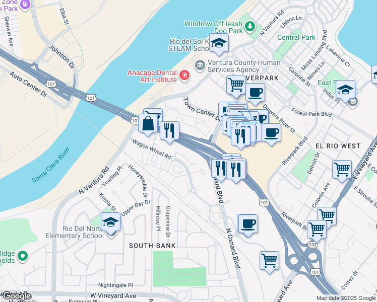 map of restaurants, bars, coffee shops, grocery stores, and more near 2840 Wagon Wheel Road in Oxnard