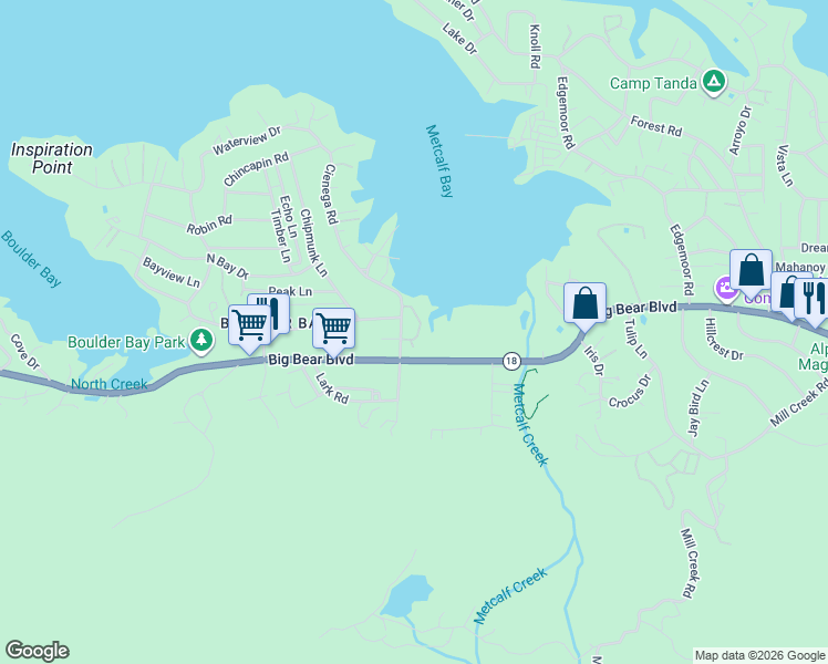 map of restaurants, bars, coffee shops, grocery stores, and more near 773 Cienega Road in Big Bear Lake