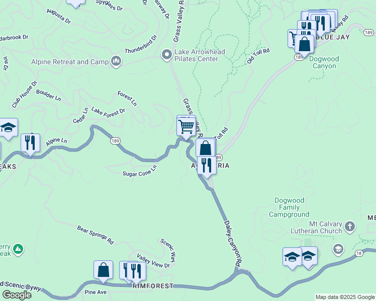 map of restaurants, bars, coffee shops, grocery stores, and more near California 189 in San Bernardino County