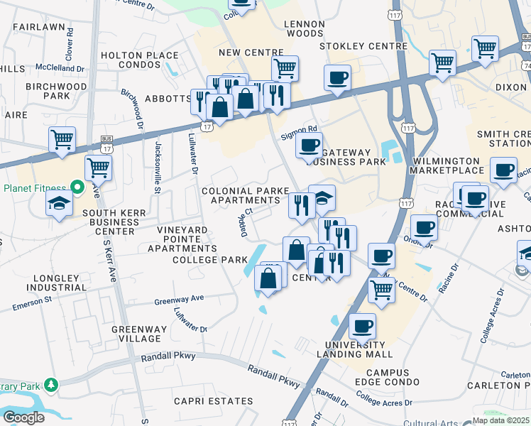 map of restaurants, bars, coffee shops, grocery stores, and more near 115 Dapple Court in Wilmington