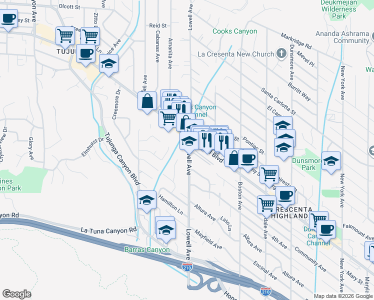 map of restaurants, bars, coffee shops, grocery stores, and more near 4427 Lowell Avenue in Glendale