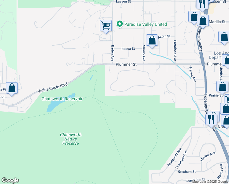 map of restaurants, bars, coffee shops, grocery stores, and more near 22552 South Summit Ridge Circle in Los Angeles