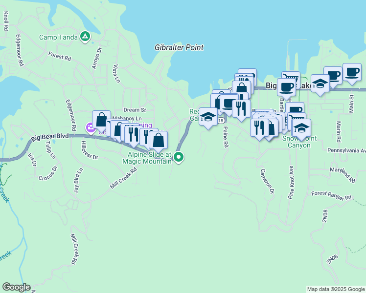 map of restaurants, bars, coffee shops, grocery stores, and more near 40375 Big Bear Boulevard in Big Bear Lake