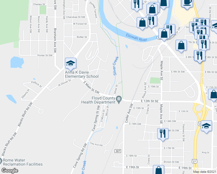 map of restaurants, bars, coffee shops, grocery stores, and more near 16 North McLin Street Southwest in Rome