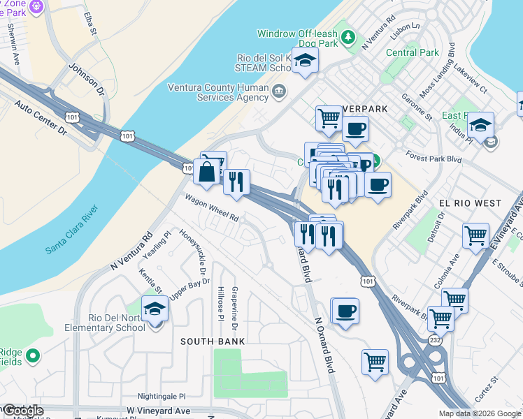 map of restaurants, bars, coffee shops, grocery stores, and more near 2840 Wagon Wheel Road in Oxnard