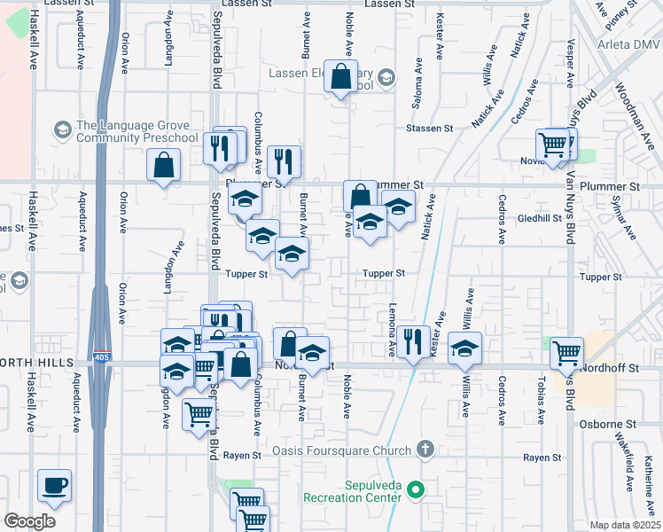 map of restaurants, bars, coffee shops, grocery stores, and more near 9271 Juneberry Lane in Los Angeles