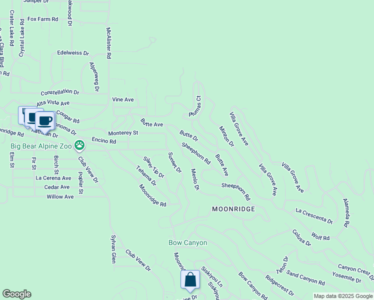 map of restaurants, bars, coffee shops, grocery stores, and more near 1129 Sheephorn Road in Big Bear