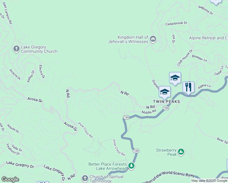 map of restaurants, bars, coffee shops, grocery stores, and more near 25660 Lo Lane in Twin Peaks