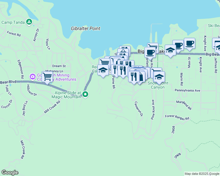 map of restaurants, bars, coffee shops, grocery stores, and more near 714 Paine Road in Big Bear Lake