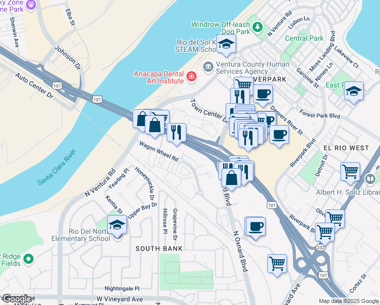 map of restaurants, bars, coffee shops, grocery stores, and more near 2850 Wagon Wheel Road in Oxnard