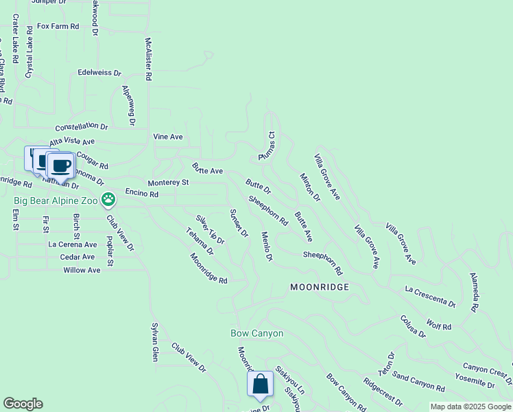 map of restaurants, bars, coffee shops, grocery stores, and more near 1129 Sheephorn Road in Big Bear
