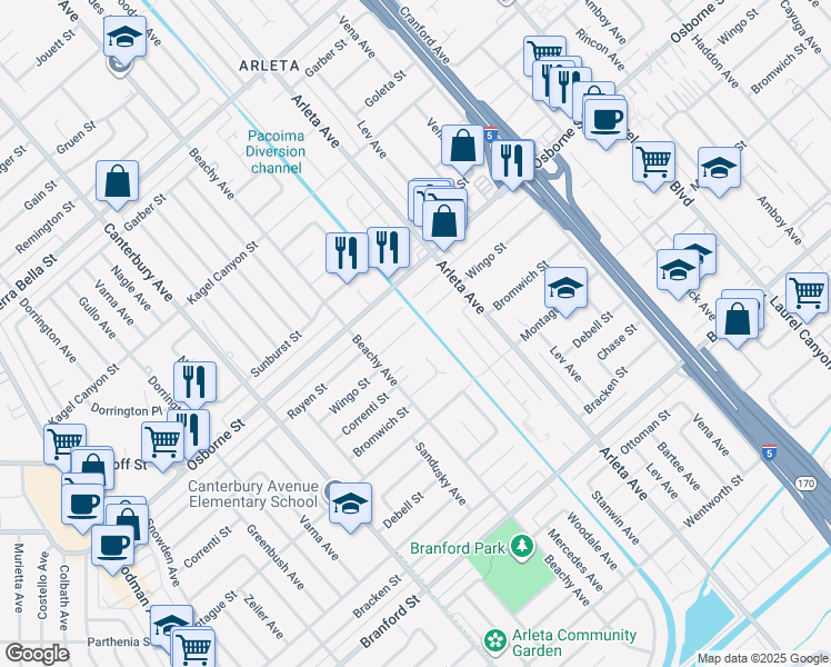 map of restaurants, bars, coffee shops, grocery stores, and more near 13500 Wingo Street in Los Angeles