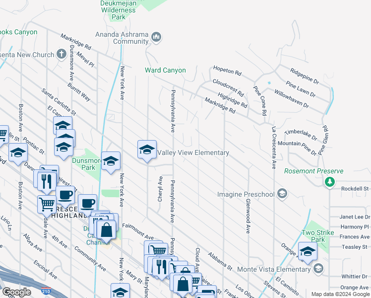 map of restaurants, bars, coffee shops, grocery stores, and more near 3033 Frances Avenue in La Crescenta-Montrose
