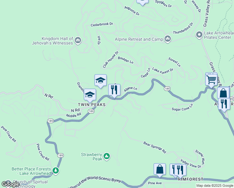 map of restaurants, bars, coffee shops, grocery stores, and more near 26166 California 189 in Twin Peaks