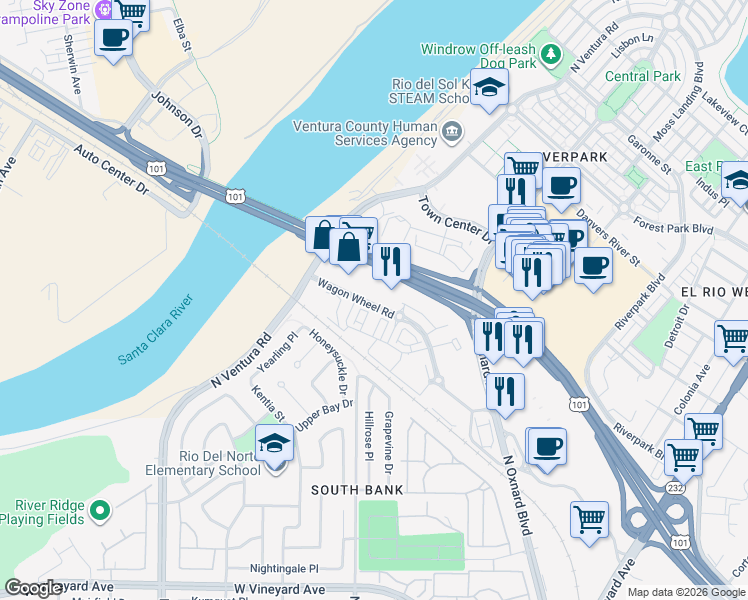 map of restaurants, bars, coffee shops, grocery stores, and more near 2731 Cactus Drive in Oxnard